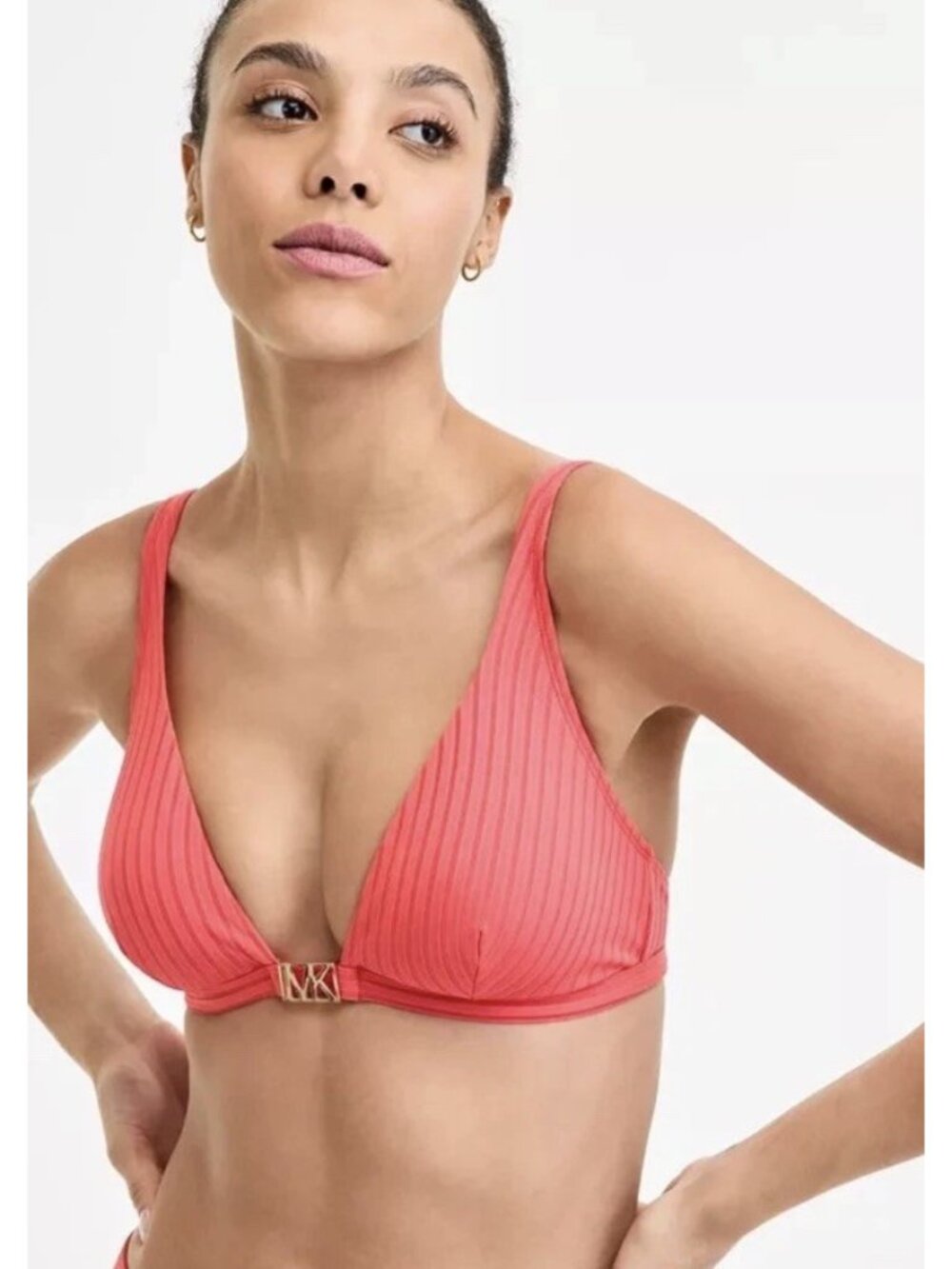 MICHAEL Michael Kors Women's Ribbed Hardware V-Neck Bikini Top - Small- Sangria